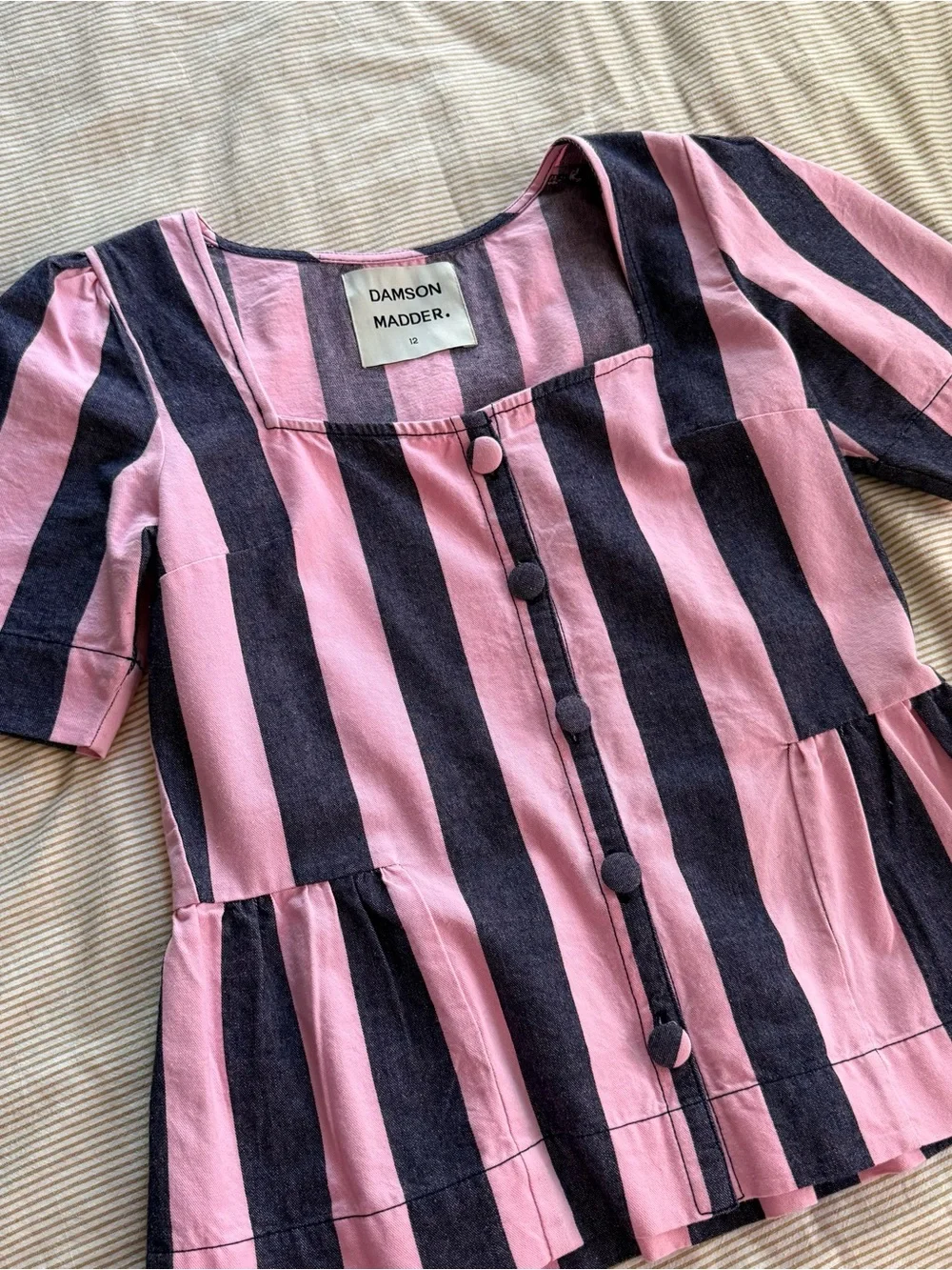 Damson Madder Pink & Navy Striped Button Front Peplum Top - Picture 3 of 5